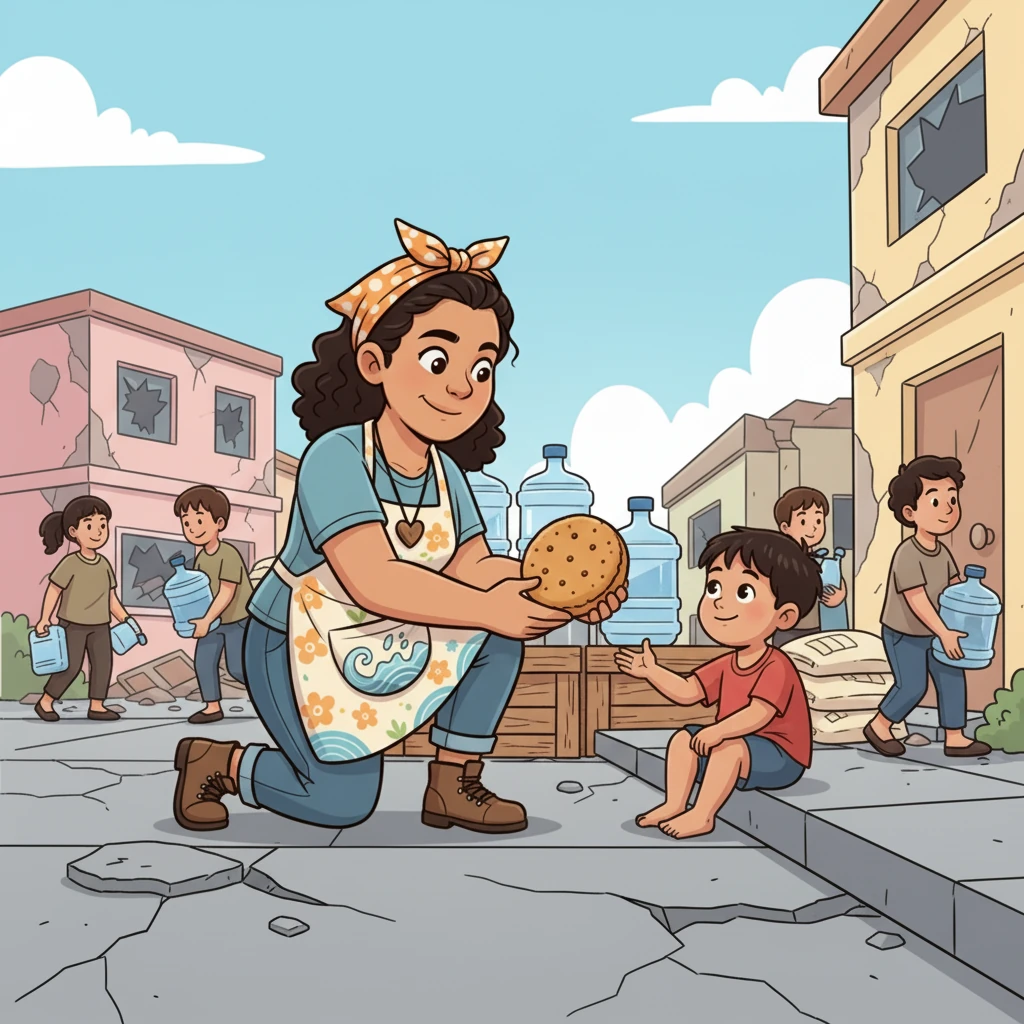 A cartoon style drawing of the aftermath of an earthquake in Bogo City. Buildings are slightly cracked, but people are helping each other, carrying supplies. Ate Maya and her team are quickly setting up a water station and distributing biscuits, showing swift 'Pag-aangkop' (adaptability) in action.