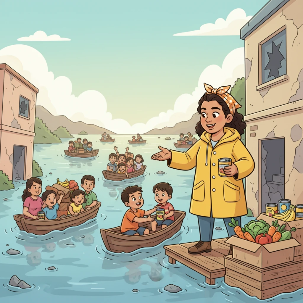 A cartoon style drawing of a flooded landscape after Typhoon Tino. Water levels are high, but people are being rescued in small boats, and relief efforts are focused on providing essential food. Ate Maya is seen directing the distribution of canned goods and fresh vegetables, demonstrating a strategic shift in aid.
