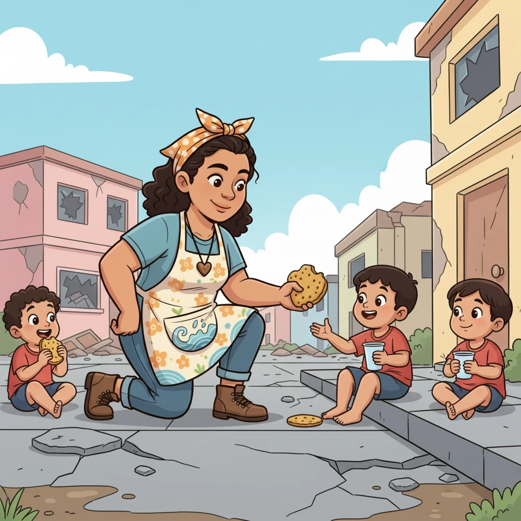 A cartoon style drawing of a group of children happily eating biscuits and drinking water, their faces showing relief and gratitude. Ate Maya is kneeling beside them, offering a comforting smile, highlighting the immediate impact of the relief efforts on the most vulnerable.