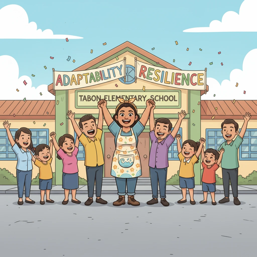 A cartoon style drawing of a large group of community members, including Ate Maya and her colleagues from Tabon Elementary School, standing together with arms linked, smiling broadly. They are celebrating their successful relief efforts, with banners of 'Adaptability' and 'Resilience' in the background, symbolizing their collective triumph.