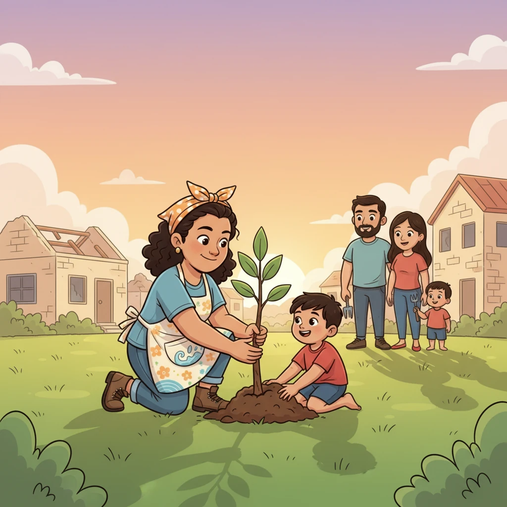 A cartoon style drawing of Ate Maya and a child planting a small tree together in a green field, symbolizing rebuilding and hope for the future. The sun is setting, casting a warm glow, and other community members are visible in the background, working together to restore their homes and lives. This final image encapsulates sustained resilience and growth.