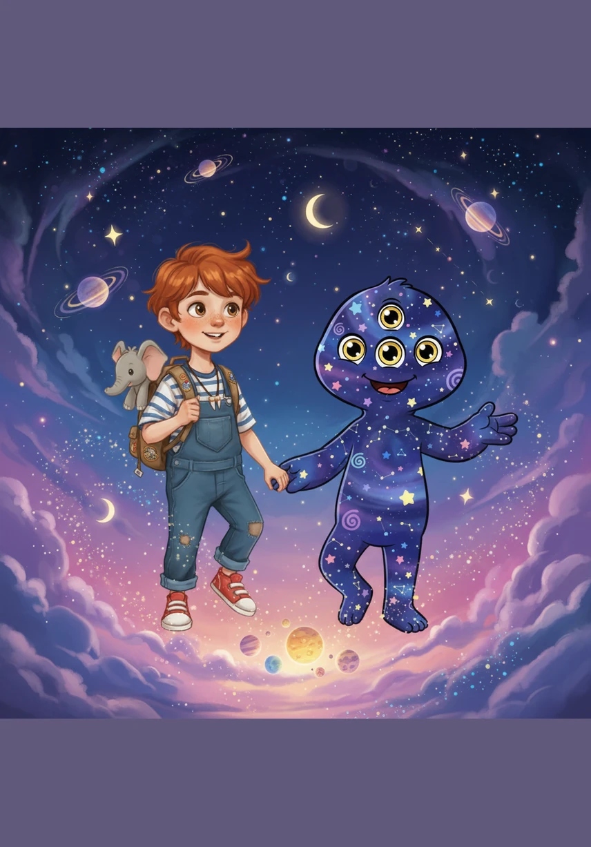 He found himself floating through a sky filled with lavender clouds and giant, glowing bubbles. Below him, islands of emerald green grass drifted peacefully in a sea of starlight, and the air hummed with a soft, musical melody.