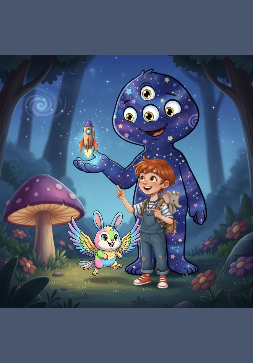 Leo met a tall, gentle creature with skin that looked like a swirling night sky and three friendly, twinkling eyes. This Star-Walker reached out a soft, velvety hand and gave Leo a warm, welcoming smile that made him feel perfectly safe.