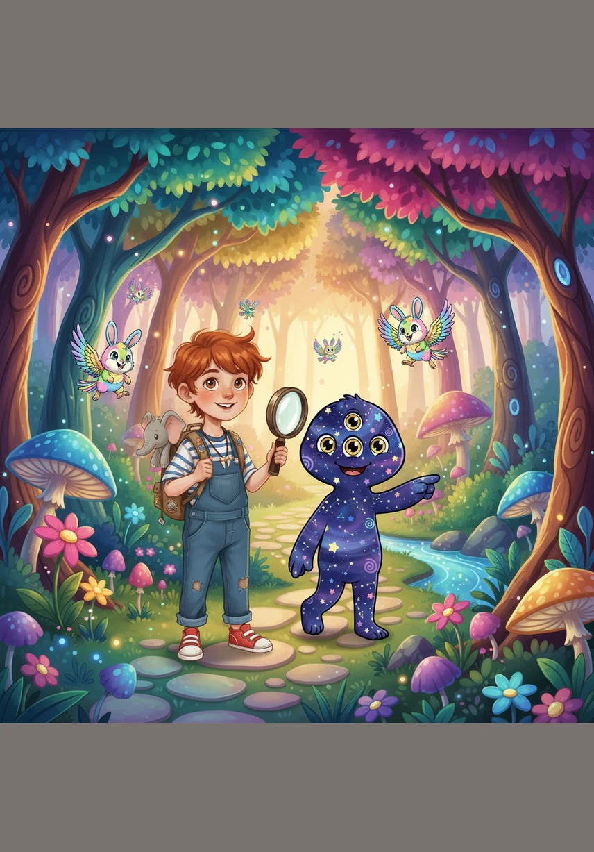 They walked together into a forest where the trees were made of giant, glowing crystal flowers that pulsed with light. The air smelled like vanilla and cinnamon, and the ground was covered in a thick carpet of soft, bouncy marshmallows.