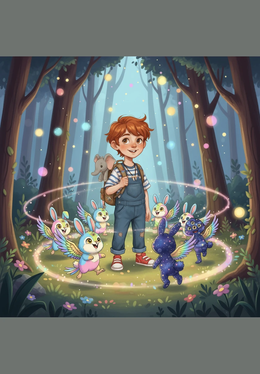 A group of playful creatures hopped toward them, looking like a mix of fluffy rabbits and colorful parrots with shimmering wings. They chirped happy songs and danced around Leo's feet, inviting him to join their merry parade through the glowing woods.