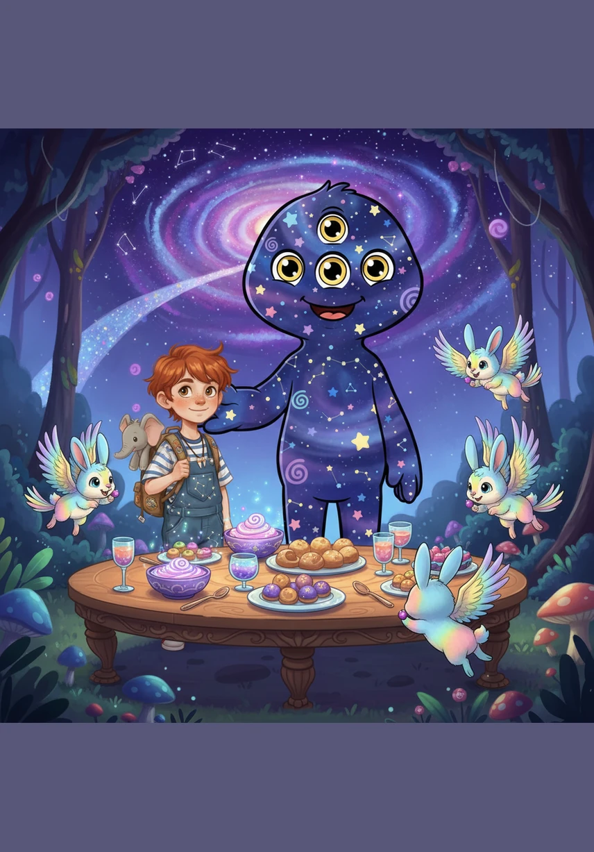 The creatures led Leo to a long table made of polished moonlight, piled high with sparkling fruits and honey-cakes. He tasted a purple berry that made him giggle uncontrollably and a golden juice that tasted exactly like a warm summer afternoon.