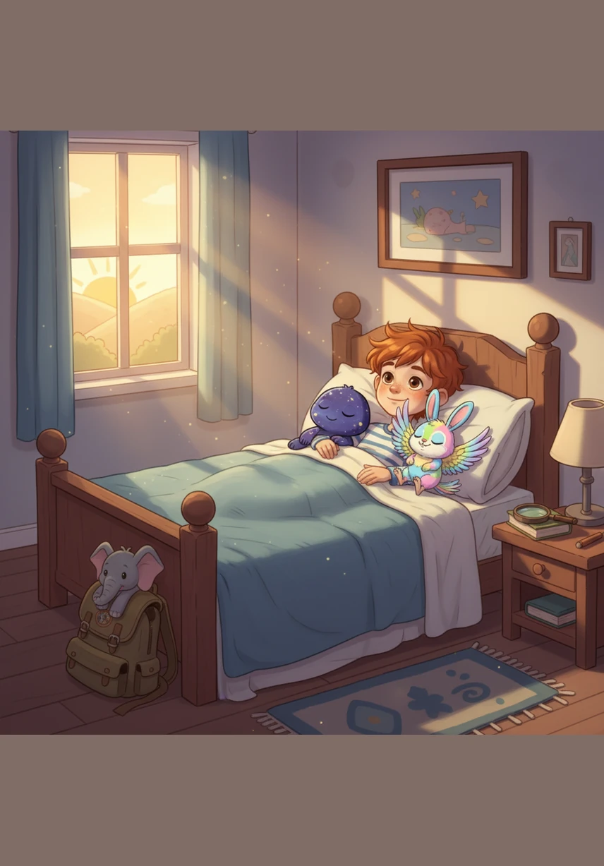 Leo woke up in his own bed just as the golden morning sun peeked through his bedroom curtains. He stretched his arms wide and smiled, feeling happy and loved, knowing that his wonderful dream friends were only a sleep away.