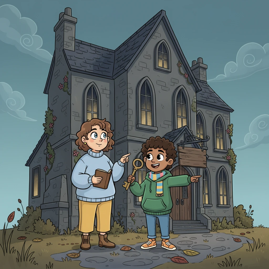 Sam and Jay stood before their new inn. It was a very big building, but it looked old and dim, almost whispering secrets from its tall windows. The air felt cool and still, like time had paused just for them.