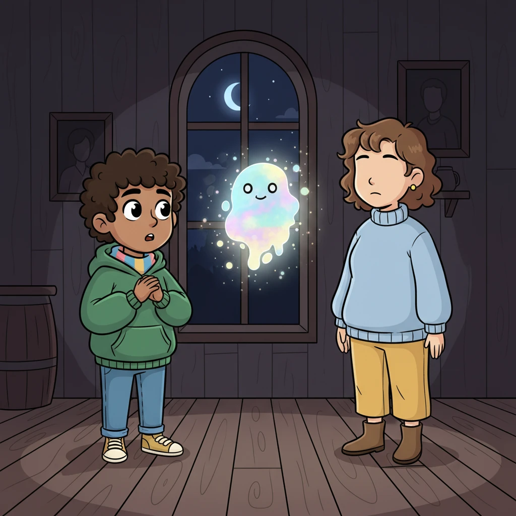 As night fell, Sam started to see things Jay couldn't. A faint, shimmering shape floated by, making Sam gasp in quiet awe. He realized he was not alone in the old inn.