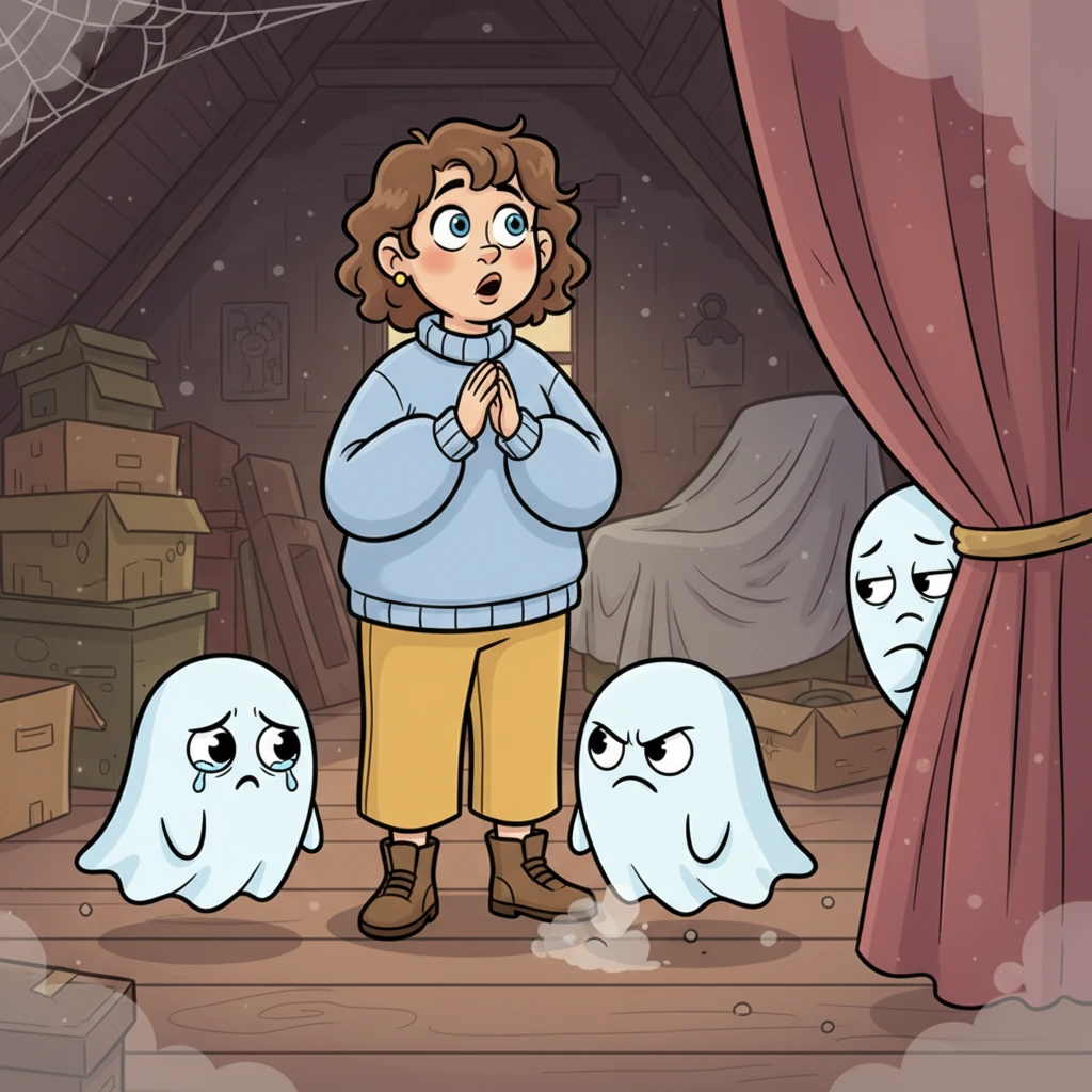 Soon, Sam noticed not one, but three distinct boos! One boo looked very sad, another seemed quite mad, stomping its tiny foot. The third boo was incredibly shy, peeking out from behind a dusty curtain.