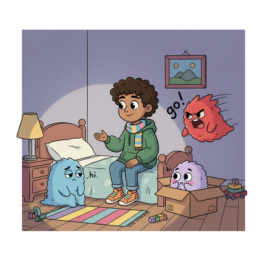 Sam decided to be brave. The sad boo sat by his bed and whispered "hi," to which Sam gently replied, "hi." The mad boo zipped to the wall, yelling "go!" but Sam softly said, "no." The shy boo, hiding in a box, peeked out, and Sam saw it clearly.