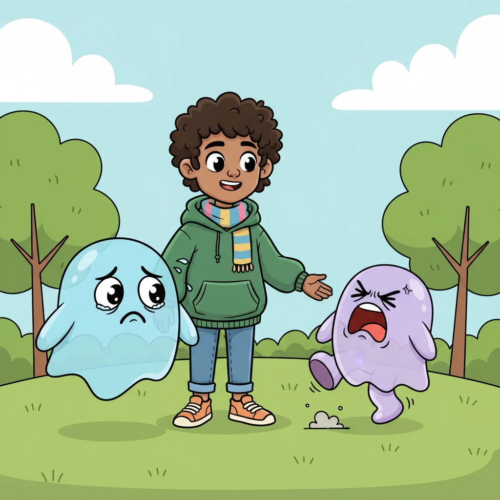 Sam gently asked the sad boo, "Why are you sad?" The boo replied, "No pal." Sam smiled and said, "I am your pal." Then, the mad boo stomped its foot, crying, "No one sees me!" Sam looked right at it and said, "I see you."