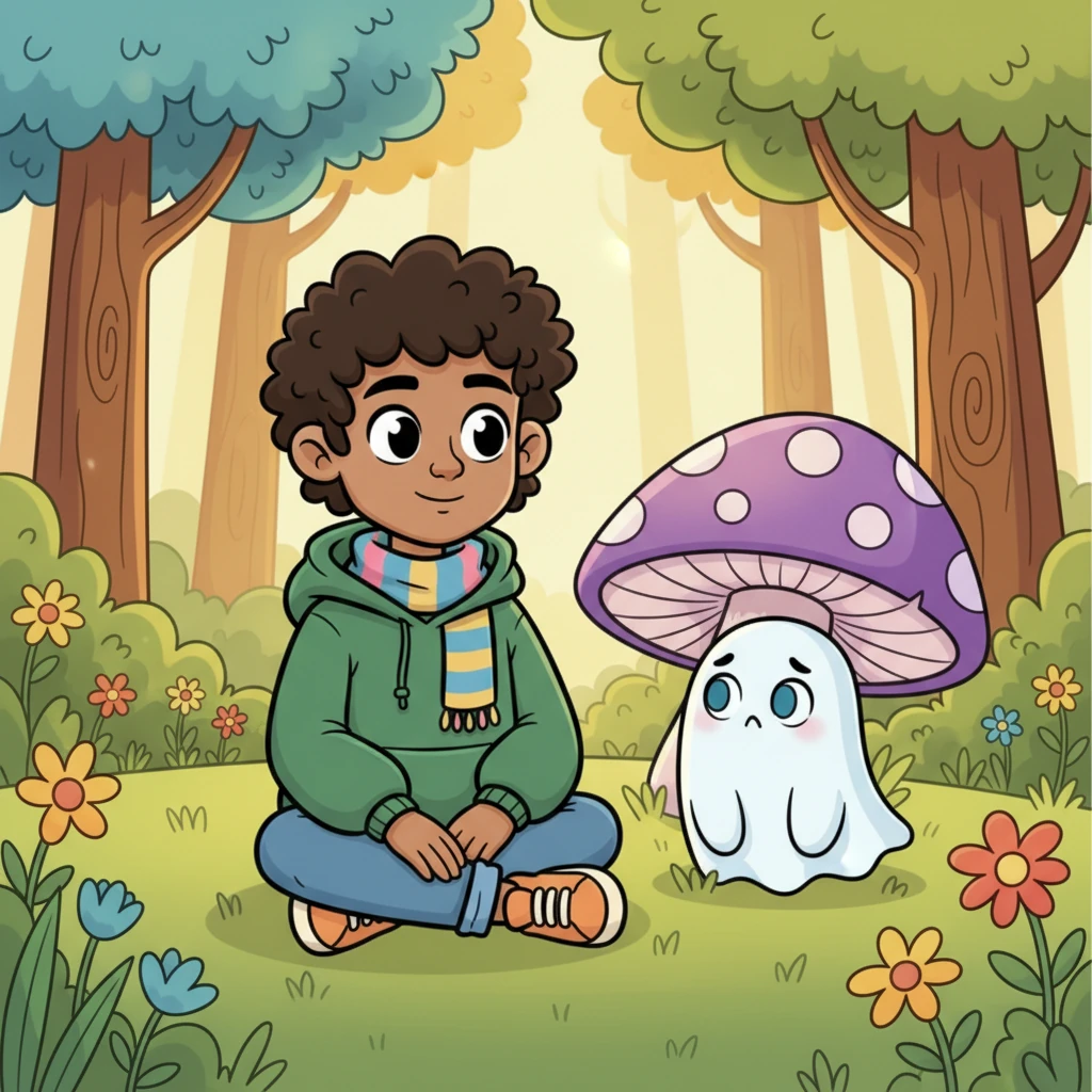 Slowly, ever so slowly, the shy boo crept out from its hiding spot. It hesitated for a moment, then sat down near Sam. Sam remained perfectly still, not wanting to startle his new friend.