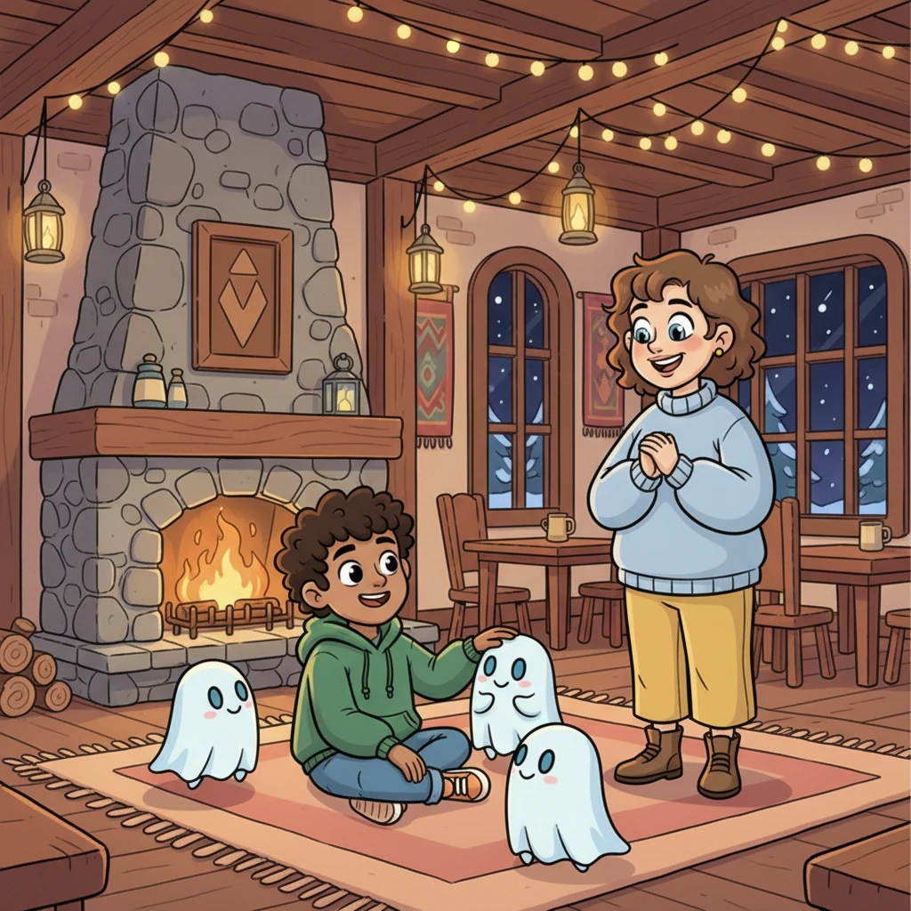 The old inn was no longer cold or dim; it felt warm and bright, a true home for everyone. Jay saw Sam smile, and he smiled too, as a sense of calm filled the air. That night, the boos sat near Sam, no longer sad, because now, all the boos had a pal.