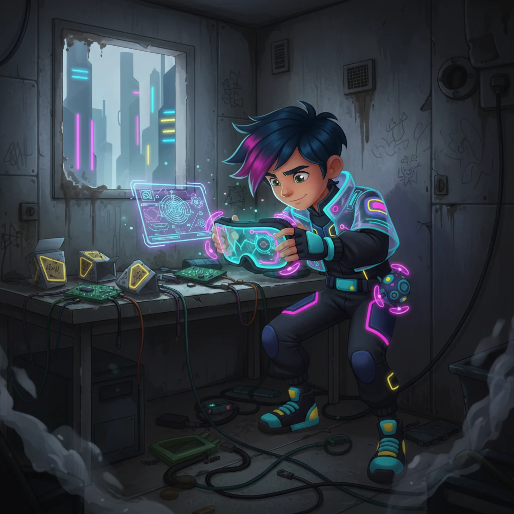 Kael hunches over a workbench, his face illuminated by the flickering glow of a cracked VR goggle screen. Wires, circuit boards, and empty synth-food containers litter his tiny, grimy slum apartment. The air hums with the low thrum of ancient tech and distant city noise, a stark contrast to the vibrant neon outside.