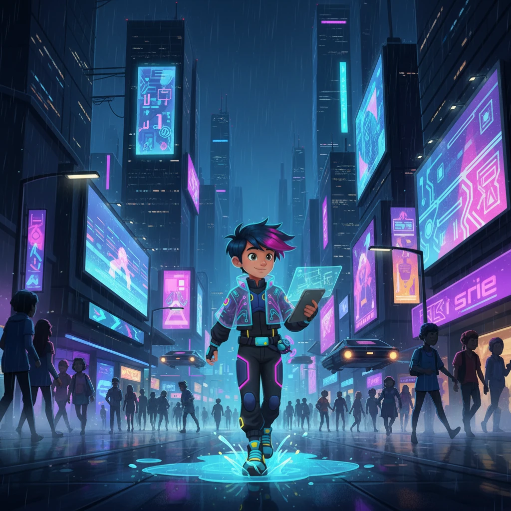 Kael navigates the bustling Neon Plaza, a torrent of humanity moving beneath colossal holographic advertisements that shimmer in cyan and magenta. Rain slicks the gleaming pavement, reflecting the towering digital billboards and the sleek, angular designs of passing hover-vehicles. The air crackles with synthesized music and the chatter of augmented voices.
