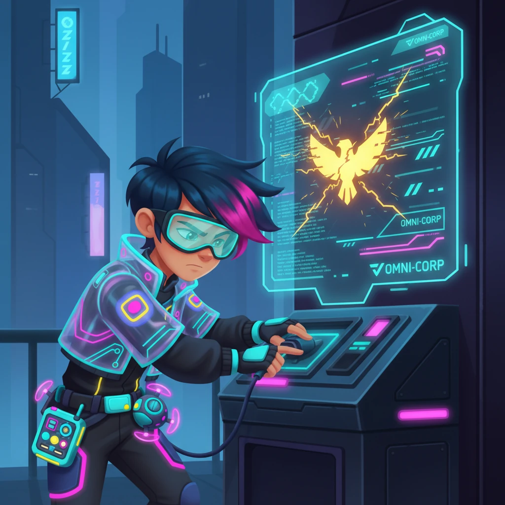 Plugging into a public data terminal, Kael's eyes narrow as a strange anomaly appears on the screen: a glitching, golden bird icon. It pulses with an unstable energy, a fleeting echo from a long-forgotten network. The interface around it is a cascade of familiar Omni-Corp data streams, making the anomaly stand out even more.