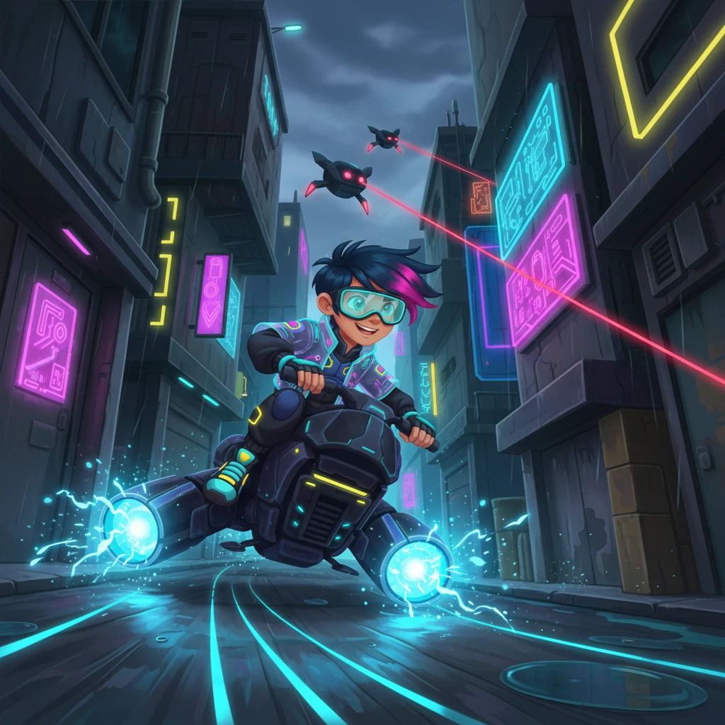 Kael expertly maneuvers his hover-bike through a labyrinth of rain-slicked alleyways, the bike's engines spitting electric blue sparks. Omni-Corp security drones, sleek and menacing, unleash crimson laser fire that narrowly misses him. The chase is a blur of speed, neon reflections, and the urgent thrum of pursuit.