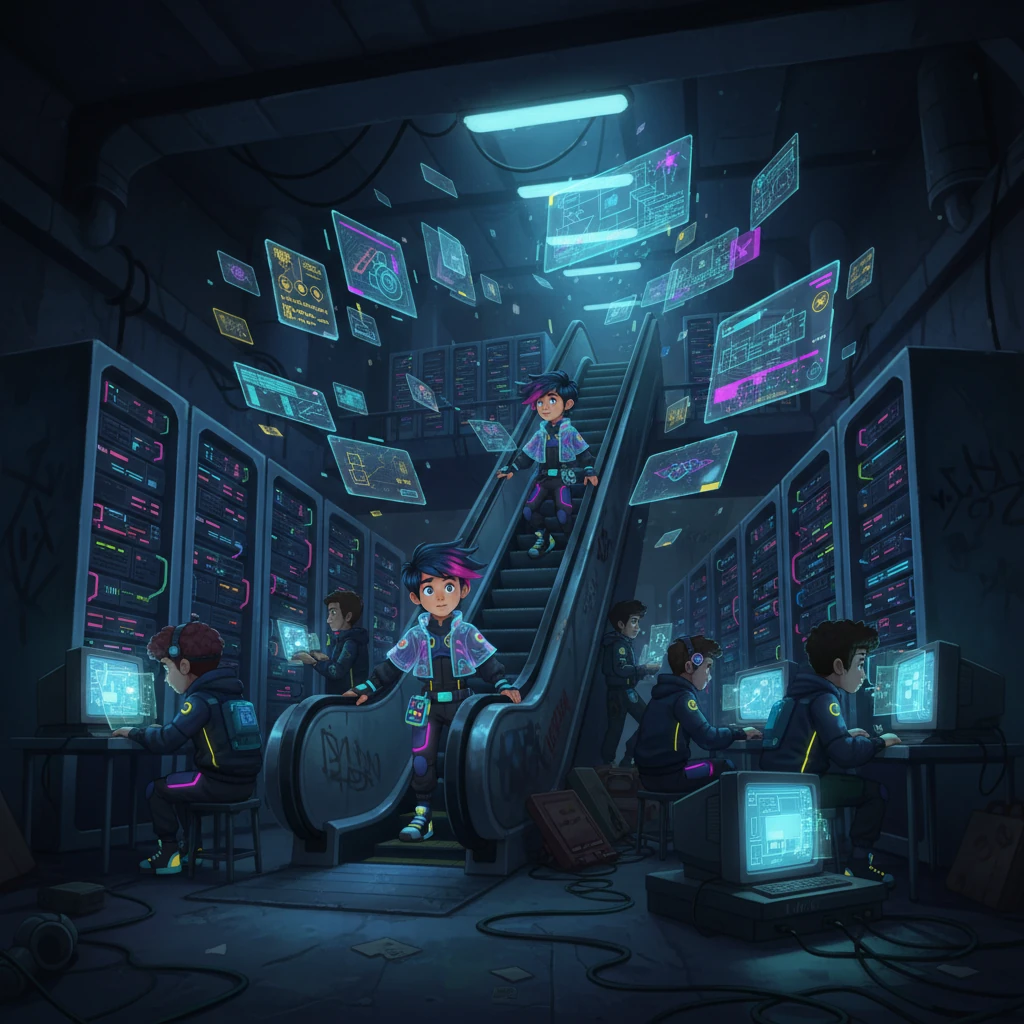 He descends into an abandoned subway station, its cavernous space now a vibrant hub for "The Archive," an underground collective of young hackers. Vintage server racks hum with renewed life, their blinking lights casting an eerie glow on the faces of teens poring over ancient monitors. Holographic projections of fragmented data float in the air, a testament to their digital archaeology.