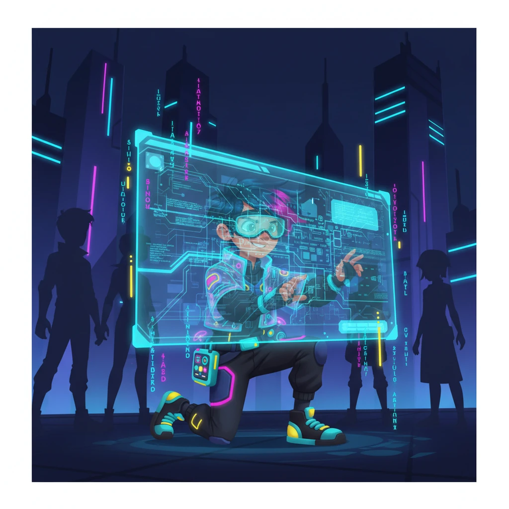 Surrounded by his new allies, Kael focuses intensely on a holographic interface, decoding the complex ghost signal. Lines of glowing code cascade across the display, slowly revealing a hidden, intricate map of the city’s forgotten underground power grid. The map pulses with latent energy, hinting at forgotten pathways beneath the gleaming metropolis.