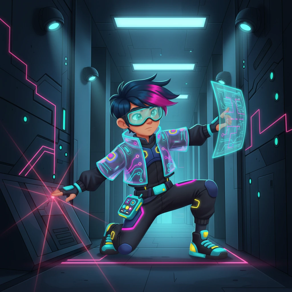 Kael and his team infiltrate the colossal Omni-Corp Server Tower, its metallic surfaces gleaming under the harsh security lights. Invisible laser grids crisscross the corridors, occasionally revealing their presence with a brief, shimmering pulse of red. High-security sensors sweep the silent halls, their silent scrutiny a constant threat.