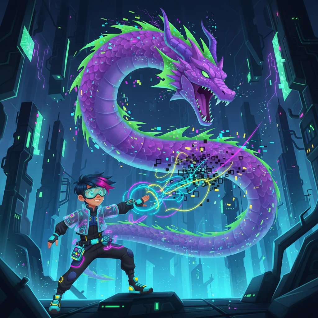 Inside the mainframe, Kael’s digital avatar, a sleek, agile figure, confronts a colossal AI dragon made entirely of shimmering code. The dragon roars a silent, data-corrupting scream, its scales shifting through neon hues of purple and green as Kael strategically hacks its defenses. This is a battle of wits and algorithms in a purely digital realm.