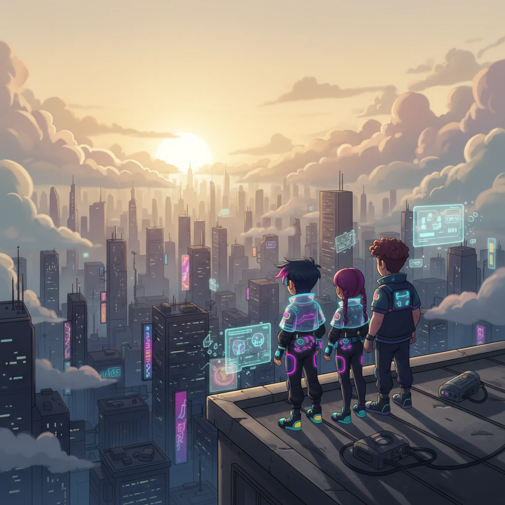 For the first time, a sliver of real sunlight breaks through the perpetual smog, painting the city in muted, natural tones. Kael stands with his friends on a rooftop, looking out over the awakening metropolis as the Omni-Corp system reboots, purged of its lies. The future, uncertain but free, stretches before them, illuminated by a hopeful dawn.