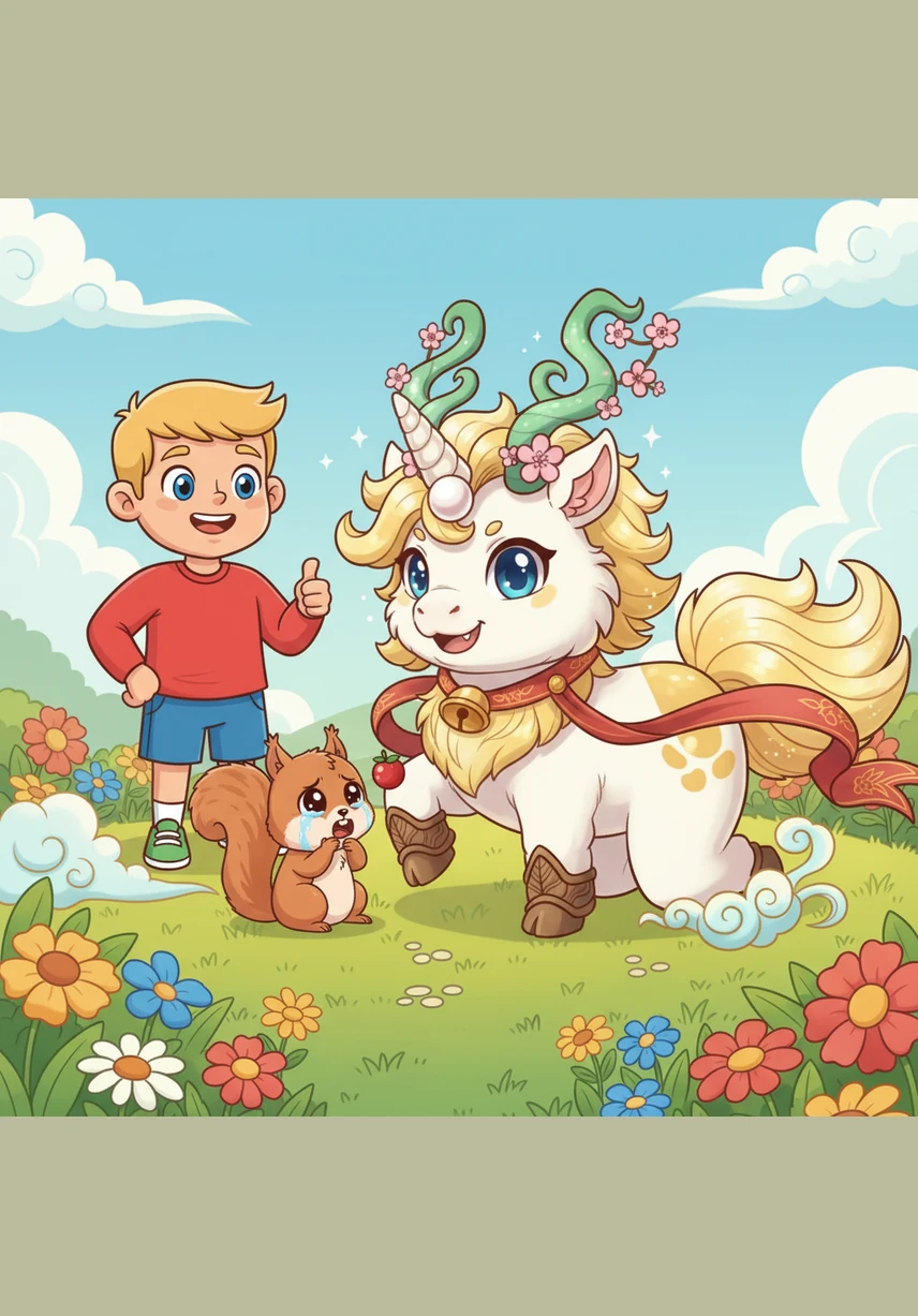 在开满野花的草地上，住着超级可爱的祥瑞小马吉量。它脖子上的鬃毛红彤彤的，像小灯笼一样随风飘动，金灿灿的眼睛一闪一闪。