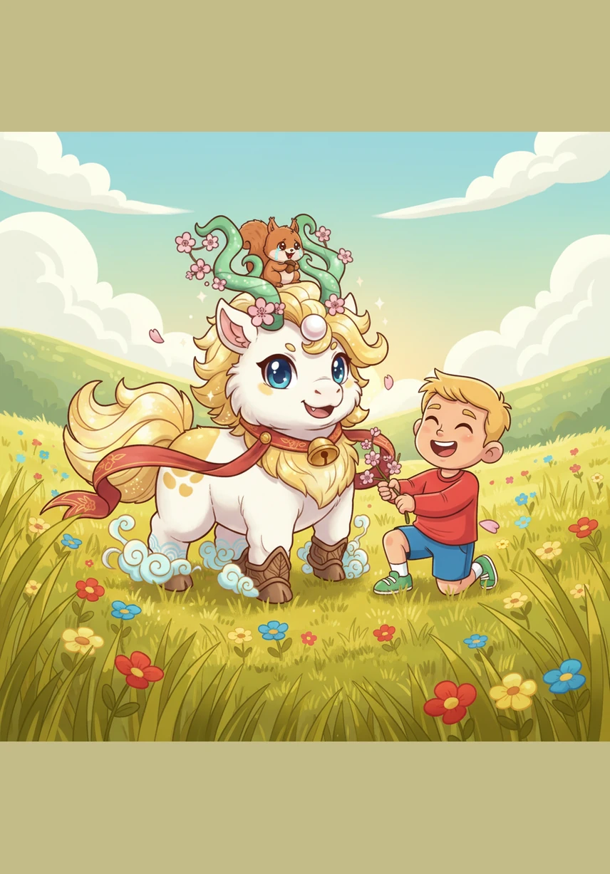 吉量跑起来轻快得像一阵温柔的春风，在广阔的草地上快乐地奔跑转圈。它的身影在花丛中穿梭，带起片片飞舞的花瓣。