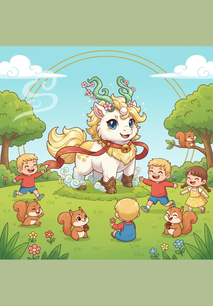 吉量是春天里最厉害的小卫士，它的耳朵可灵了，眼睛也亮亮的。它时刻保持警惕，守护着在草地上玩耍的每一位小动物伙伴。