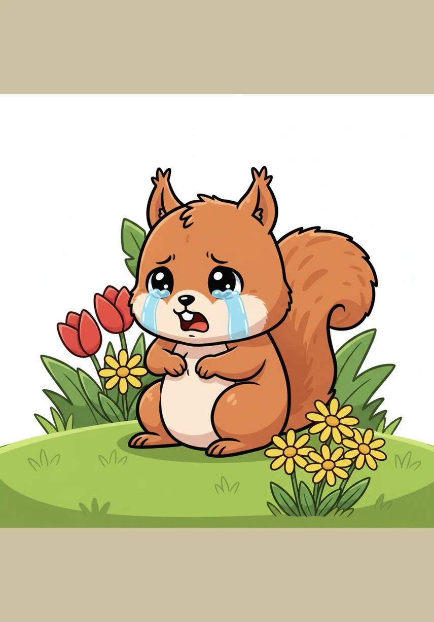 一只迷路的小松鼠在草地上急得吱吱叫，找不到自己的小窝了。它坐在花丛边伤心地抹着眼泪，不知道该往哪里走。