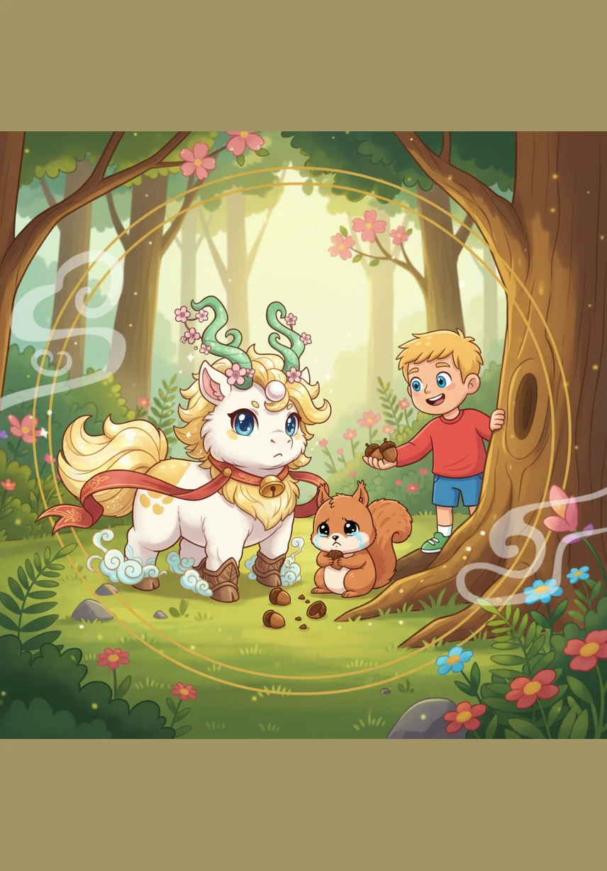 吉量看见了，立刻轻轻地跑过去，用温暖的脑袋蹭蹭小松鼠。它踩着春风的小脚印，耐心地领着小松鼠穿过树林，回到了安全的家。