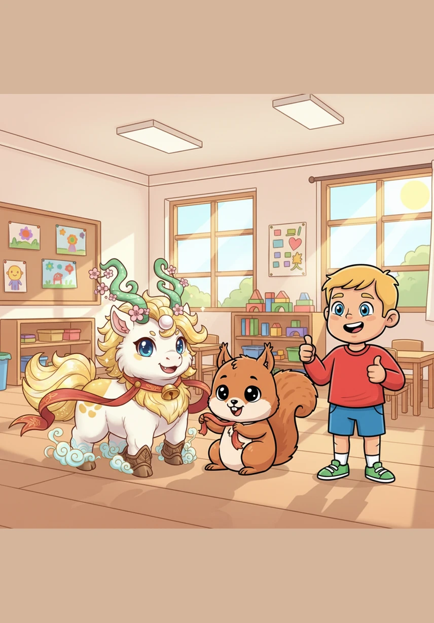 小松鼠开心地紧紧抱着吉量，称赞它是最善良勇敢的好朋友。吉量成了幼儿园里最受欢迎的小神兽，大家争着和它一起玩耍。