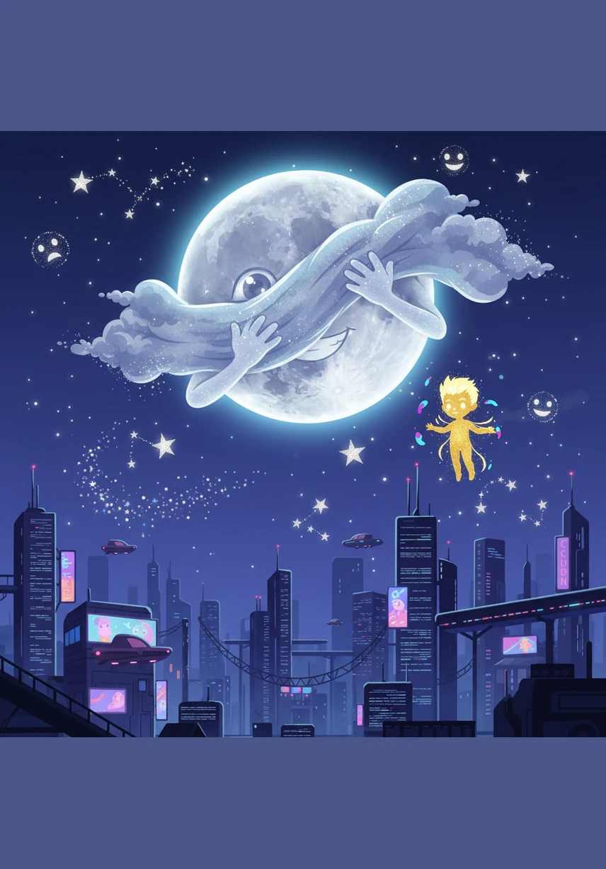 High above the sleeping world, Luna the Moon felt a sudden flutter of shyness. She thought her glow was too bright and her face too round, so she pulled a thick blanket of silver clouds over her head to hide.