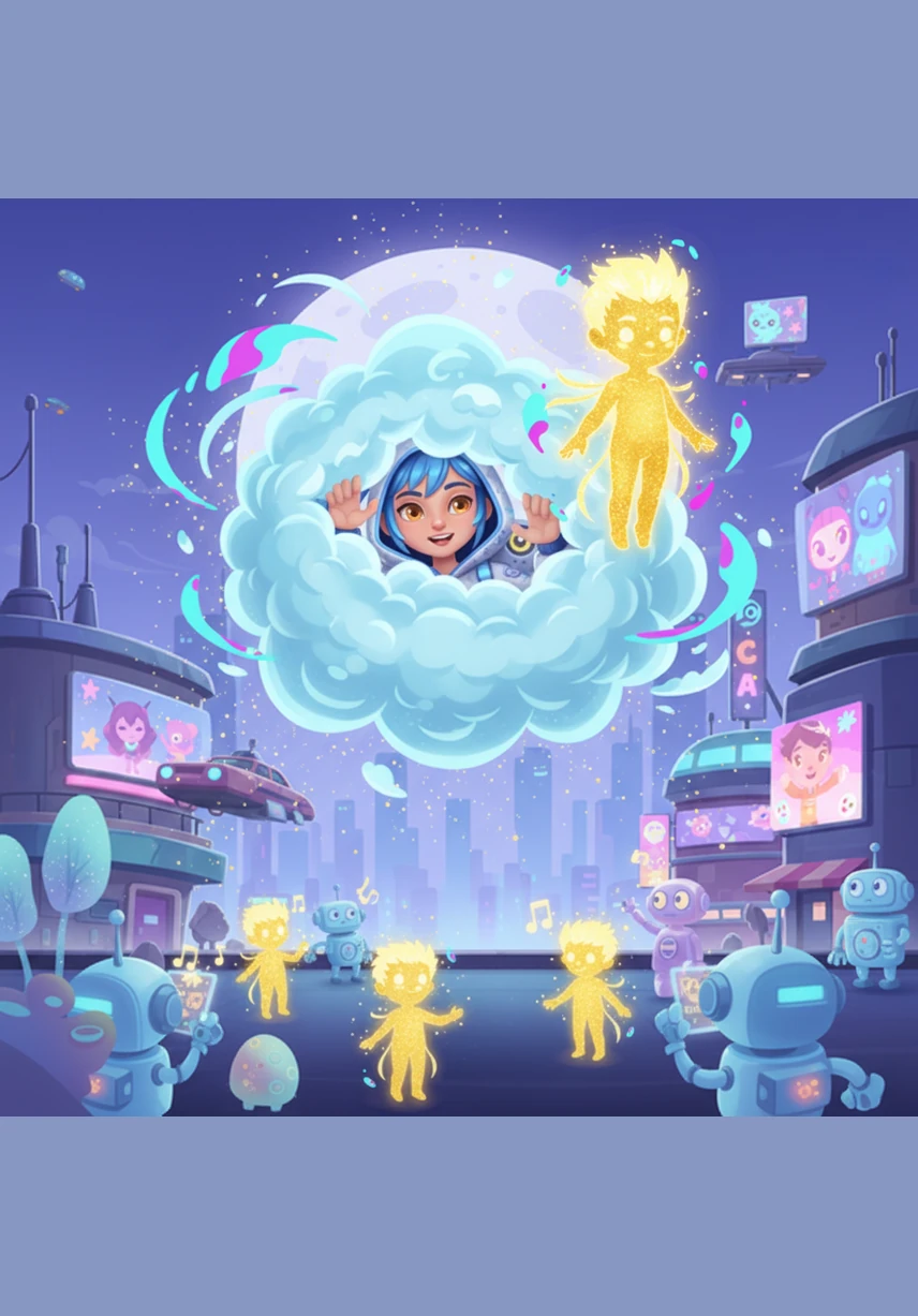 Behind her fluffy cloud, Luna heard the beautiful music and felt a warm tingle in her heart. She peeked through a tiny hole in the mist and saw all her friends looking for her with love and care.
