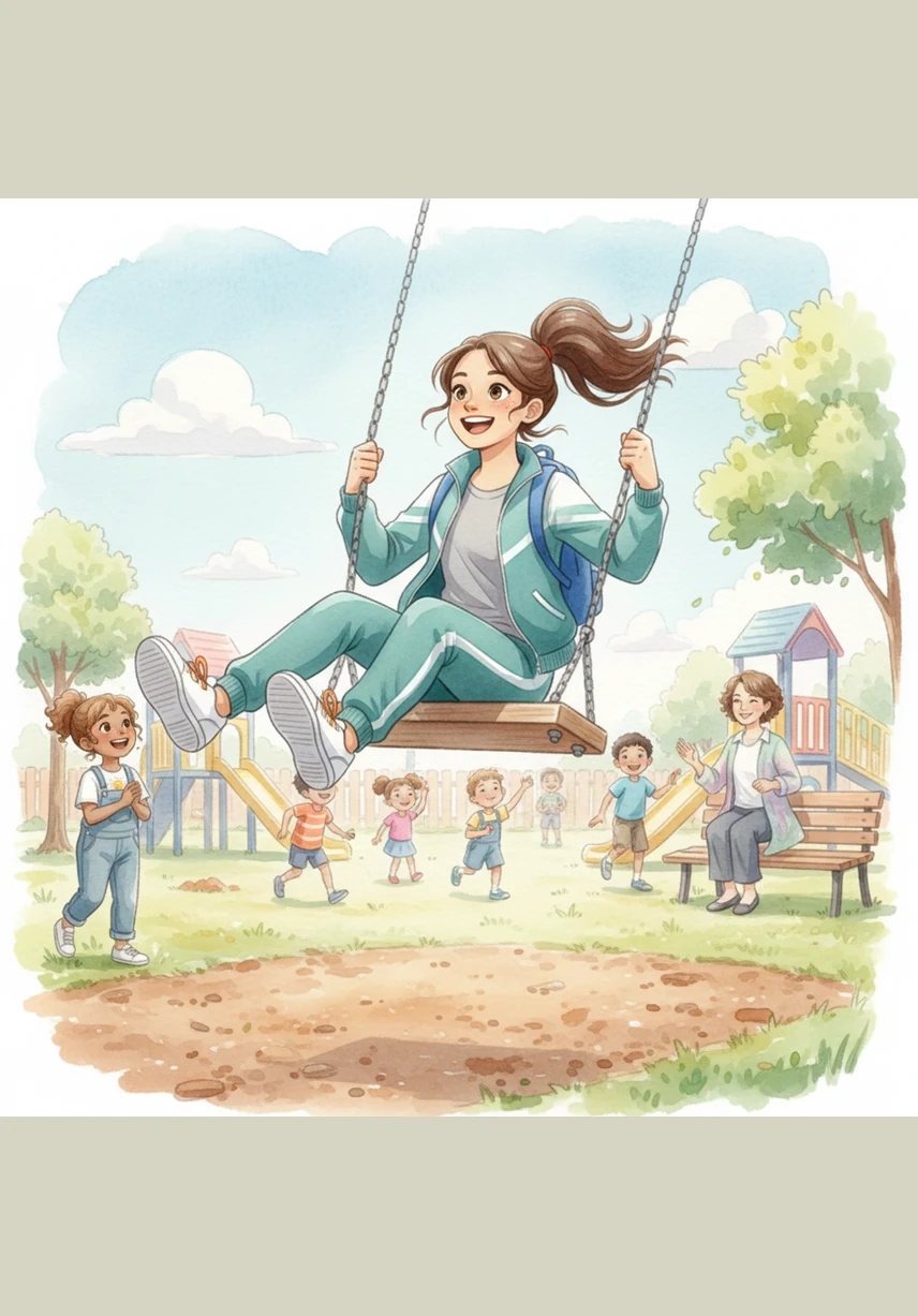 At school, the morning sun shines brightly on the playground as Maya soars high on the swings. Her laughter fills the air, and her colorful backpack sits nearby on the grass while she enjoys the cool morning breeze.