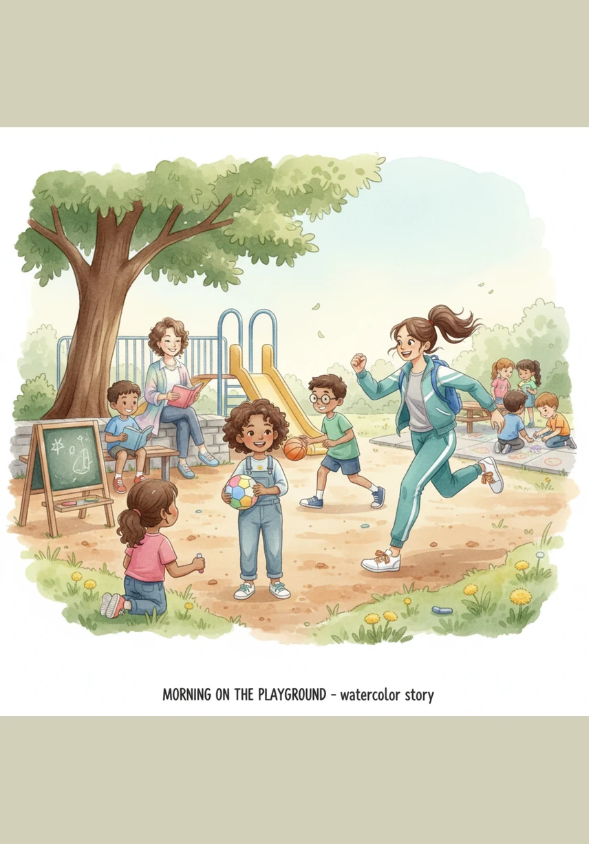 Maya moves to the jungle gym, climbing the colorful metal bars with expert agility. She reaches the very top and waves to her classmates, her mind full of fun and games before the school day officially begins.