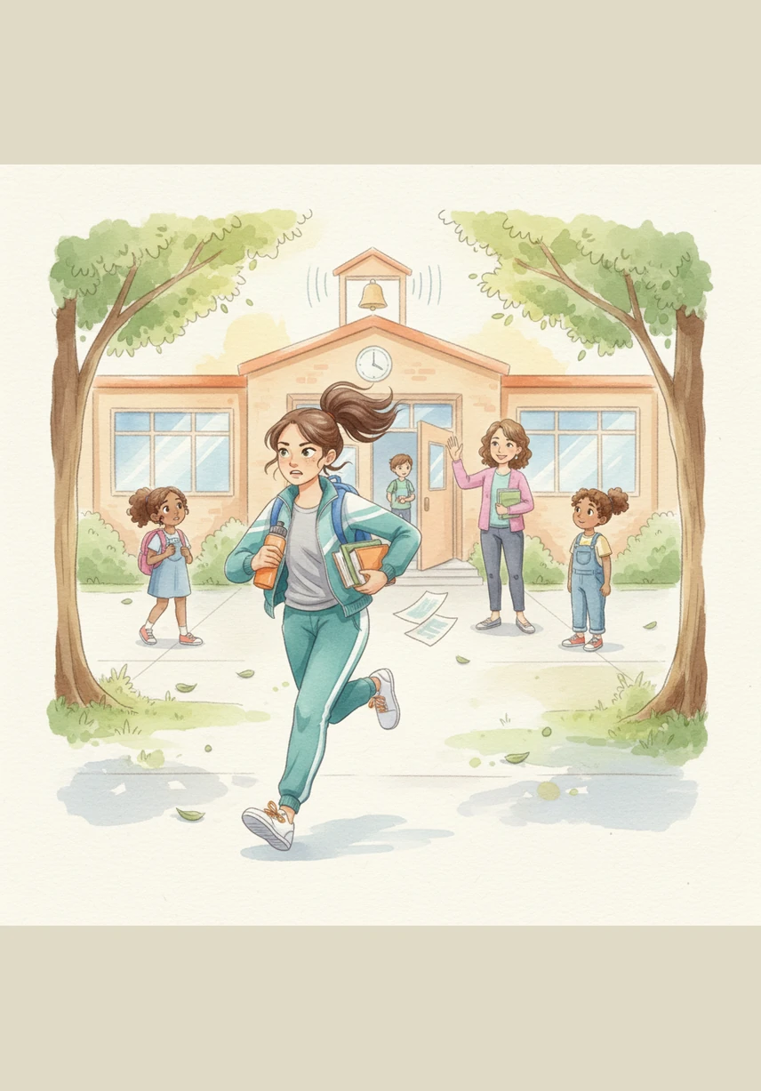 Suddenly, the loud ringing of the school bell echoes across the yard, signaling the start of class. Maya jumps down and hurries toward the classroom doors, grabbing her backpack in such a rush that she doesn't notice her lunchbox sitting on the ground.