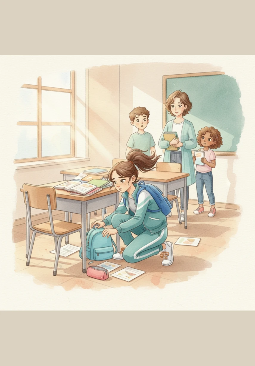 Maya carefully searches every corner of her wooden desk, lifting up her notebooks, folders, and pencil case. She looks underneath her chair and scans the floor nearby, but her delicious lunch is nowhere to be found.