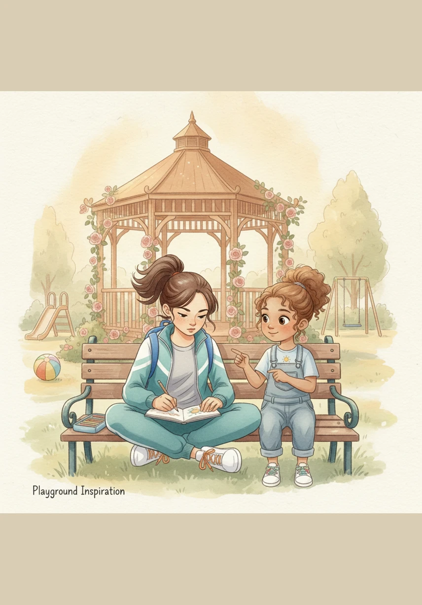 Maya and her teacher walk back out to the quiet playground to investigate the scene of the morning's fun. There, sitting right next to the tall jungle gym, is her colorful lunchbox waiting patiently to be rescued.