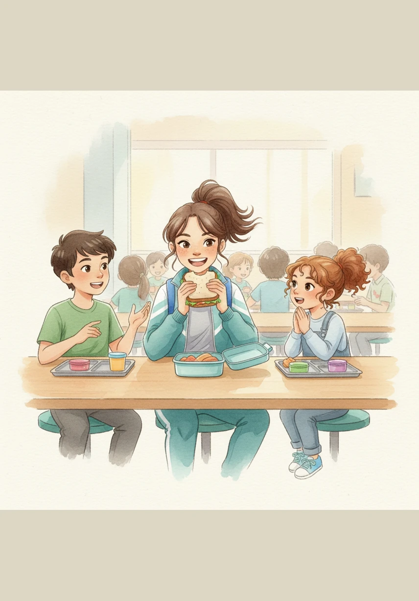 Back in the cafeteria, Maya feels proud and relieved as she finally opens her lunchbox and takes a big bite of her sandwich. She smiles brightly while sharing stories with her friends, happy that her lunchtime mystery has a delicious ending.