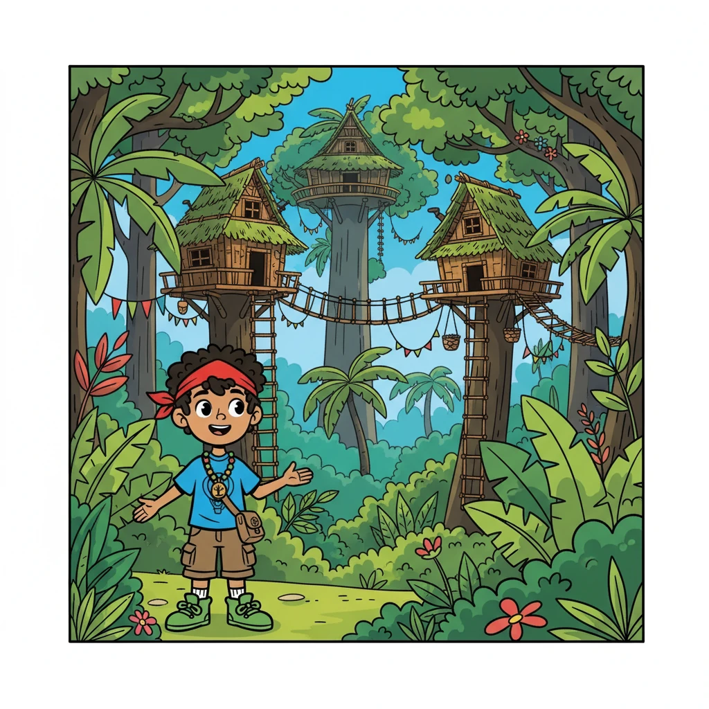 The first illustration showed a vibrant jungle scene. Towering trees reached towards the sky, and nestled amongst their branches were the impressive tree houses of the Korowai. Kai's eyes widened with wonder at the sight.