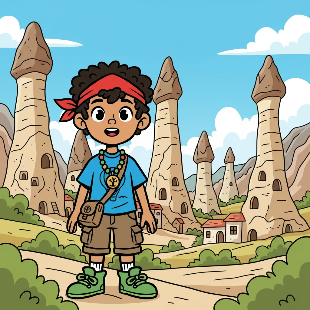 Next, Kai turned the page and discovered the 'fairy chimneys' of Göreme, Turkey. He learned how people lived in caves carved into the unique rock formations.