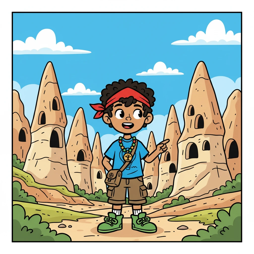 The illustration showcased the otherworldly landscape of Cappadocia. Tall, cone-shaped rocks stood against a backdrop of a bright blue sky, with cave entrances visible in the rock formations.