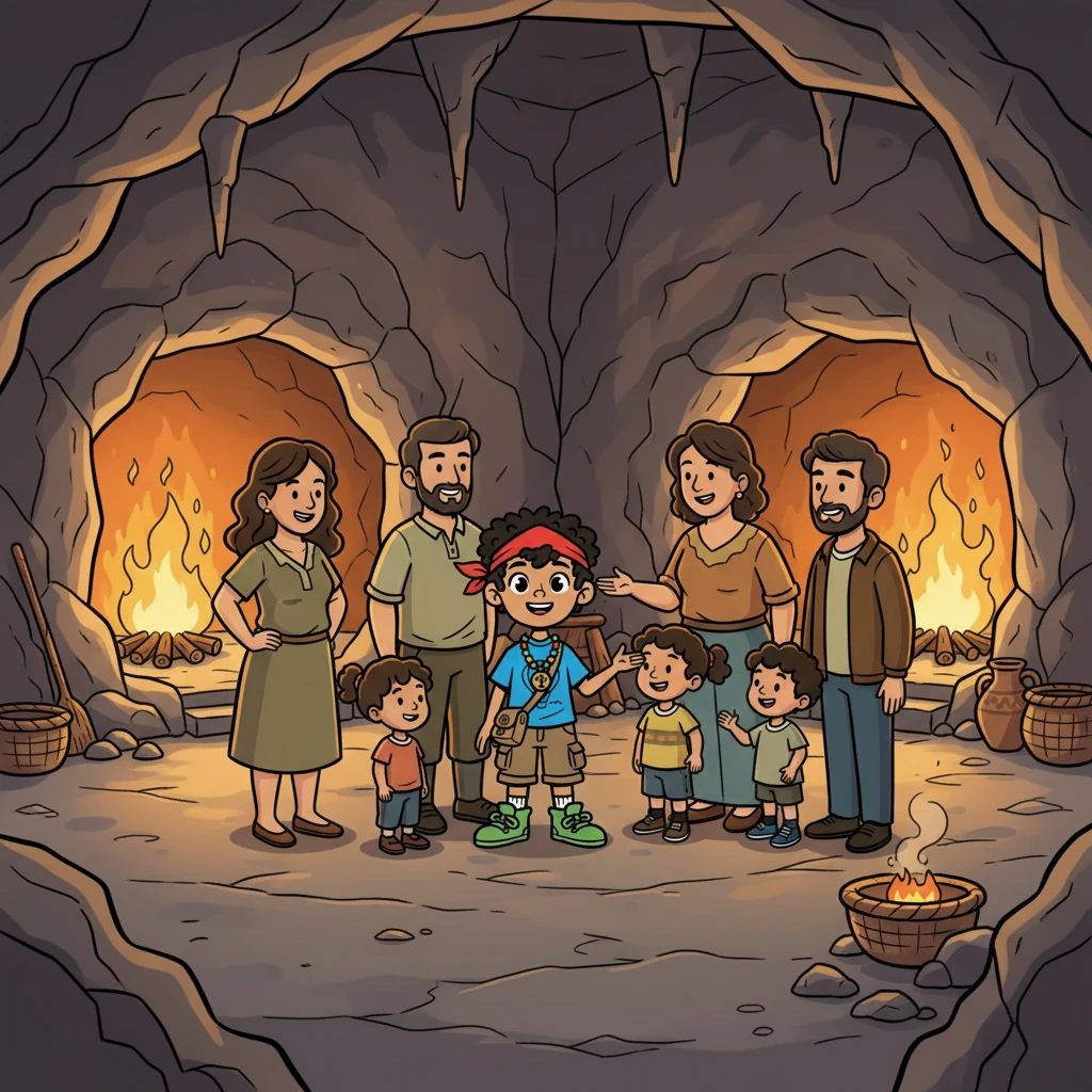 The picture showed a family gathered in a courtyard, chatting and laughing. Firelight danced in the cave openings, creating a warm and inviting atmosphere.