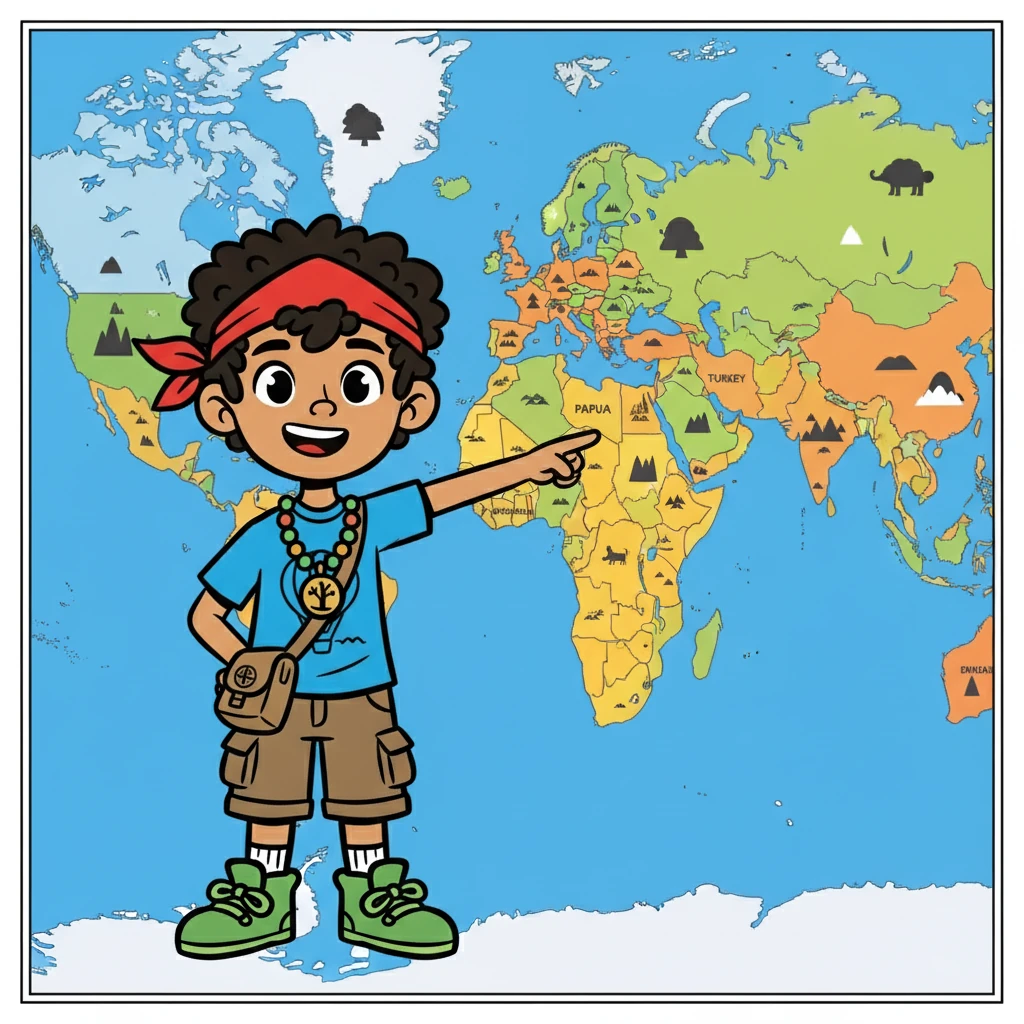 The final illustration showed Kai standing in front of a world map, pointing excitedly at Papua, Indonesia, and Turkey. A smile lit up his face, ready for his grand adventure.