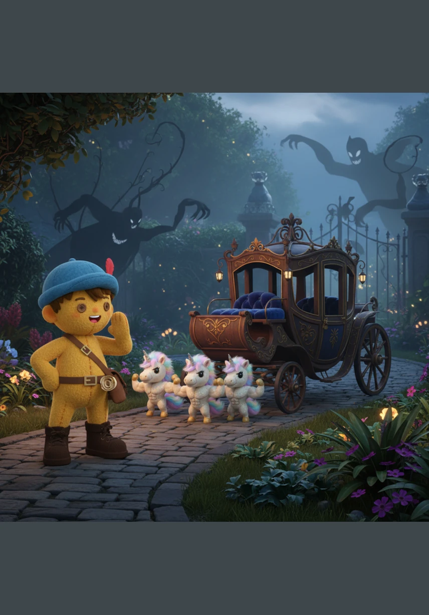 Leo whistles for his noble carriage, which appears at the edge of the garden led by tiny, powerful unicorns with shimmering coats. Though small, these magical creatures possess the strength of giants, waiting patiently for their commander.