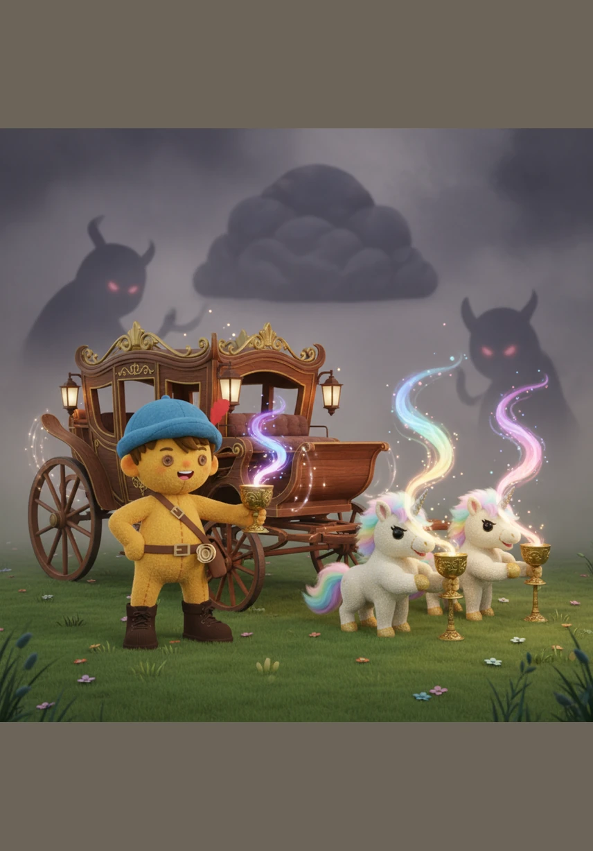 Before the journey can truly begin, Leo must provide the unicorns with their favorite magical brew, for they are very particular about their fuel. As they drink the special elixir, the carriage hums with power, ready to speed across the countryside.