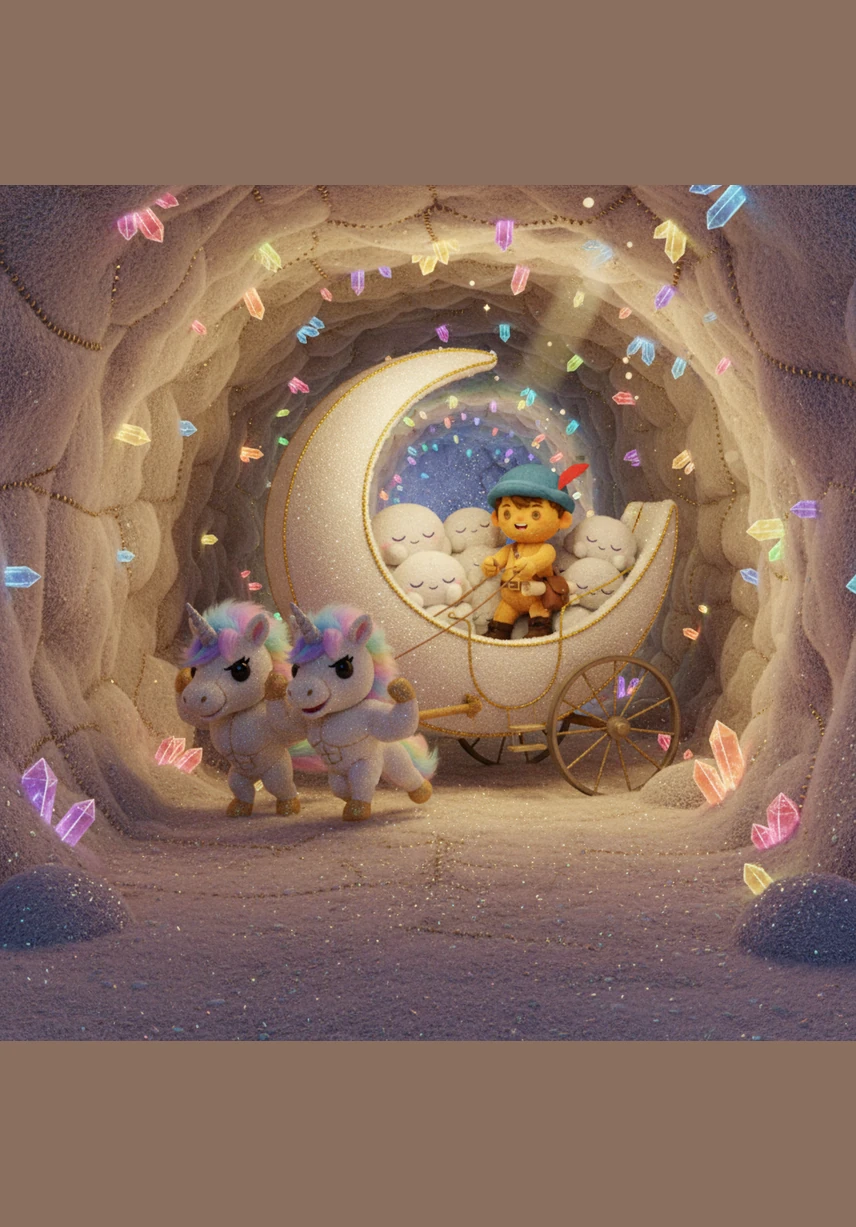 The carriage enters the Rainbow Cave, a breathtaking tunnel where colors swirl like liquid silk against the rocky walls. Mist sprays from all sides, enveloping Leo in a kaleidoscope of light and sound that feels like a beautiful dream.