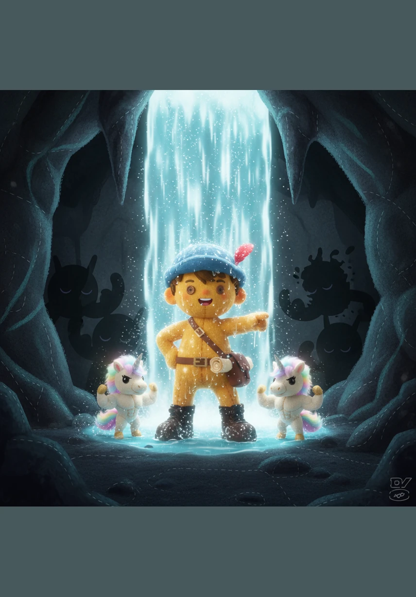 Within the heart of the cave, the magical waters wash away every speck of dust, leaving Leo and his unicorns shiny and bright. They emerge from the other side transformed, glowing with a newfound brilliance that dazzles the eye.